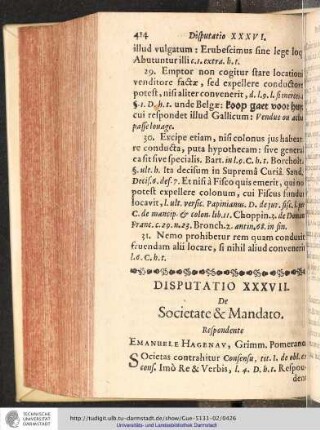 Disputatio XXXVII. De Societate & Mandato