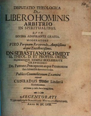 Disputatio Theologica De Libero Hominis Arbitrio In Spiritualibus