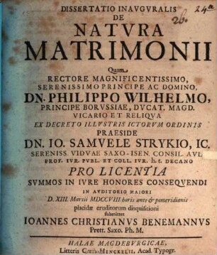 Dissertatio Inavgvralis De Natvra Matrimonii