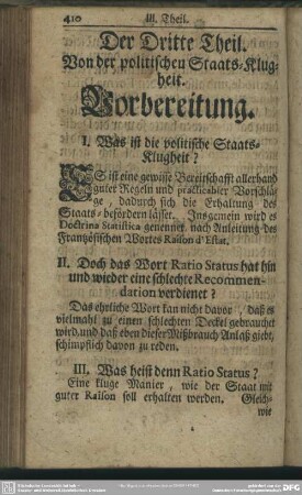 Der Dritte Theil. Von der politischen Staats-Klugheit