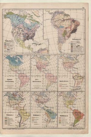 [Nebenkarten zu Süd- und Nordamerika: Völkerkarten; Januar- und Juli-Isothermen; Kulturtiere, Wildtiere I - III]
