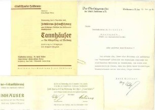 Einladungskarte zur Jubiläums-Festaufführung des "Tannhäuser" zum 25jährigen Bestehen des Stadttheaters (mit Begleitschreiben von OB Gültig an Innenminister Dr. Schmidt)