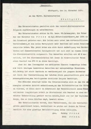 Schriftwechsel bezüglich eines finanziellen Unterstützungsgesuchens der Töchter von Oscar Fraas