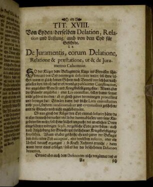 Tit. XVIII. Von Eyden/ derselben Delation, Relation und Leistung/ auch von dem End für Gefehrde. [...]