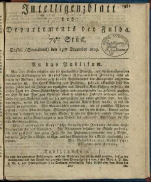 74tes Stueck, (Sonnabend) den 23ten December 1809