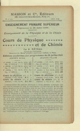 Enseignement Primaire Supérieur Enseignement de la Physique et de la Chimie Cours de Physique et de Chimie