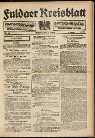 Erste Ausgabe vom Samstag, den 07. April 1917.