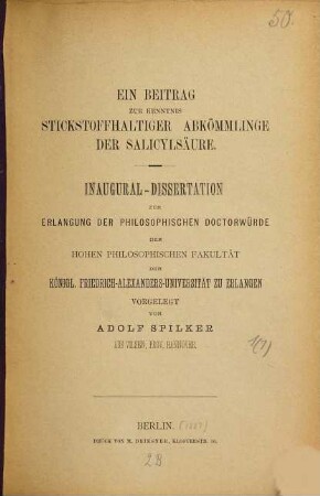 Ein Beitrag zur Kenntnis stickstoffhaltiger Abkömmlinge der Salicylsäure