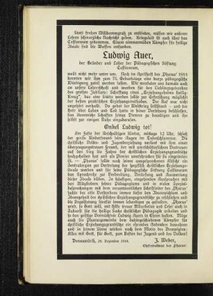 Ludwig Auer, der Gründer und Leiter der Pädagogischen Stiftung Cassianeum : [Nekrolog]