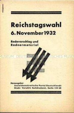 Gehefteter Block mit Rednermaterial der SPD zu den Reichstagswahlen vom 6. November 1932