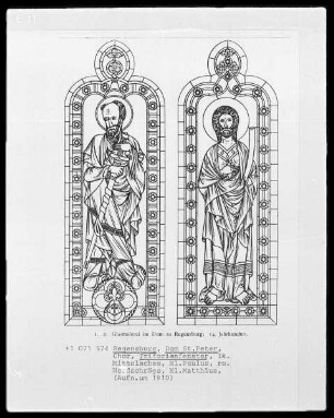 Regensburg, Domkirche Sankt Peter, Glasmalerei im Triforienfenster des Chores: Heiliger Paulus und Matthäus