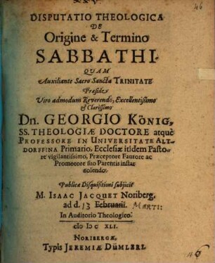 Disp. theol. de origine et termino sabbathi