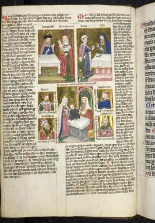 (1) Antitypus: Darbringung Christi im Tempel; (2) Typus: Reinigungsopfer nach dem Gesetz; (3) Typus: Darbringung Samuel im Tempel; Propheten-Brustbild