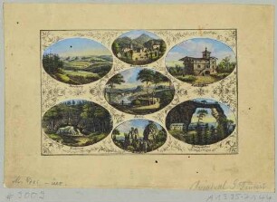 Die Sächsische und die Böhmische Schweiz in sieben ovalen Ansichten in ornamentaler Rahmung auf einem Bilderbogen