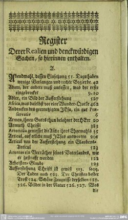 Register Derer Realien und denckwürdigen Sachen, so hierinnen enthalten