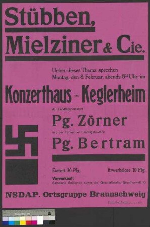 Plakat der NSDAP zu zwei öffentlichen Parteiversammlungen am 8. Februar 1932 in Braunschweig