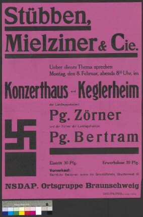 Plakat der NSDAP zu zwei öffentlichen                                         Parteiversammlungen am 8. Februar 1932 in                                         Braunschweig