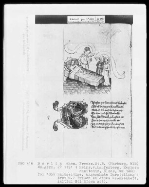 Heinrich von Laufenberg, Regimen sanitatis, deutsch — Arzt und zwei Frauen am Krankenbett, Folio 105verso