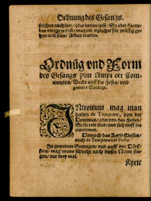 Ordnung und Form des Gesangs zum Ampt der Communion/ Beide auff die Festa/ und gemeine Sontage.