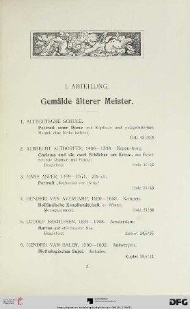 I. Abteilung: Gemälde älterer Meister (Nr. 1-108)