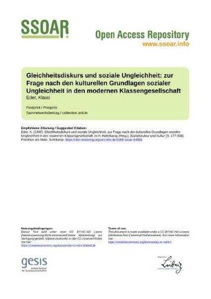Gleichheitsdiskurs und soziale Ungleichheit: zur Frage nach den kulturellen Grundlagen sozialer Ungleichheit in den modernen Klassengesellschaft