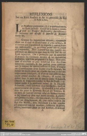 Reflexions Sur un Ecrit Prussien & sur les procedés du Roi de Prusse en Saxe