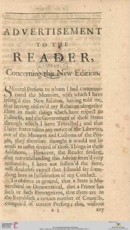 Advertisement to the Reader, concerning this New Edition