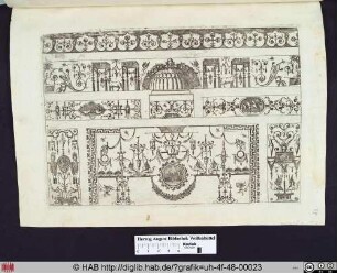 Grotesken und ornamentale Verzierungen und figürliche Darstellungen.