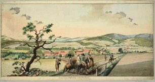 Das Dorf Meffersdorf mit dem Gutsbezirk Meffersdorf und dem Schloss in Niederschlesien (heute zu Pobiedna in Polen), aus Leskes Reise durch Sachsen von 1785?