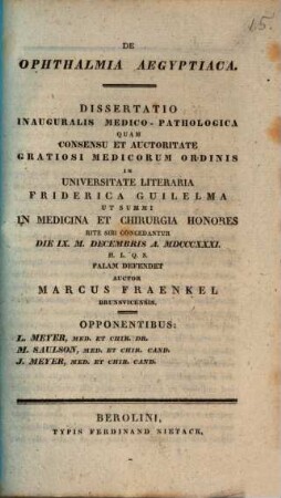 De ophthalmia Aegyptiaca : Diss. inaug. med. path.