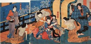 Die Palastdamen quälen die eifersüchtige Omiwa | Aus dem Kabuki-Schauspiel Chronik der Frauen von Imosegawa