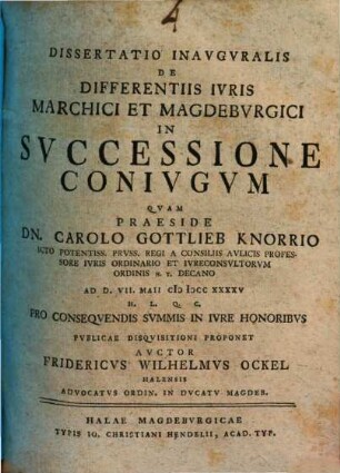 Dissertatio Inavgvralis De Differentiis Ivris Marchici Et Magdebvrgici In Svccessione Conivgvm