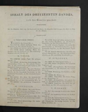 Inhalt des dreyzehnten Bandes, nach den Materien geordnet.