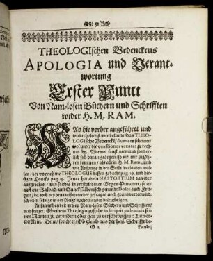 Erster Punct Von Nam-losen Büchern und Schrifften wider H. M. Ram.