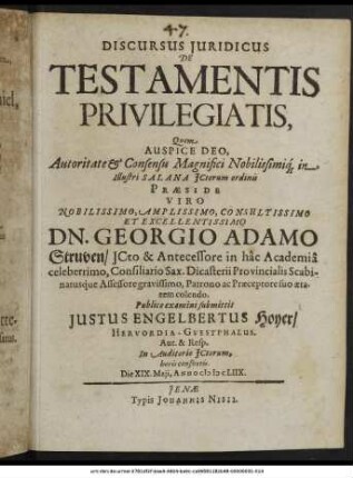 Discursus Iuridicus De Testamentis Privilegiatis