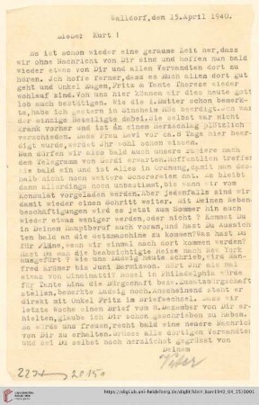 Korrespondenz von Alice und Ludwig Klein: Brief von Ludwig Klein an Kurt Klein