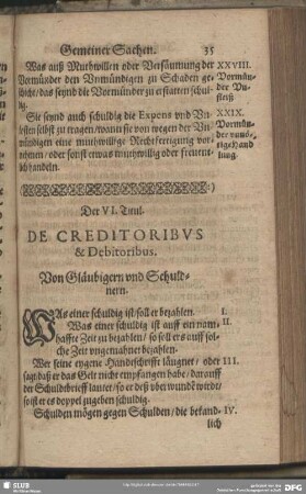Der VI. Titul. Von Gläubigern und Schuldnern