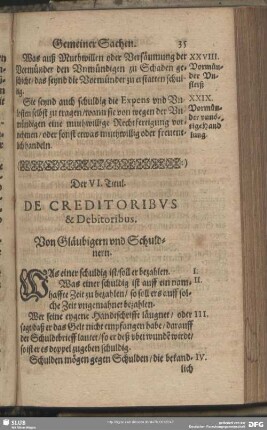 Der VI. Titul. Von Gläubigern und Schuldnern