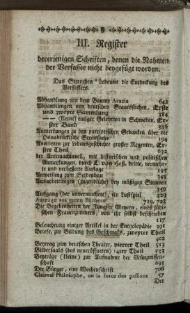 III. Register dererjenigen Schriften, denen die Nahmen der Verfasser nicht beygefügt worden.