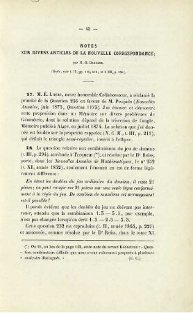 Notes sur divers aritcles de la nouvelle correspondance.
