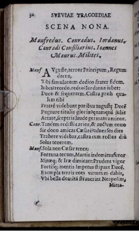Scena Nona. Manfredus. Conradus. Iordanus. Conradi Consiliarius. Ioannes Maurus. Milites