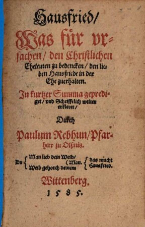 Was für ursachen den christlichen Eheleuten zu bedenken, den ... Hausfriede ... zu erhalten