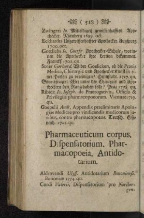 Pharmaceuticum corpus. Dispensatorium. Pharmacopoeia. Antidotarium.