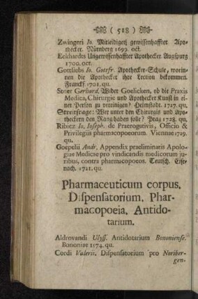 Pharmaceuticum corpus. Dispensatorium. Pharmacopoeia. Antidotarium.