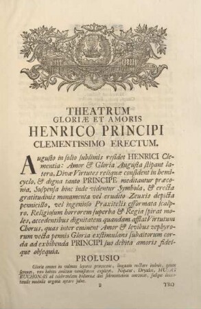 Theatrum gloriæ et amoris Henrico Principi clementissimo erectum.