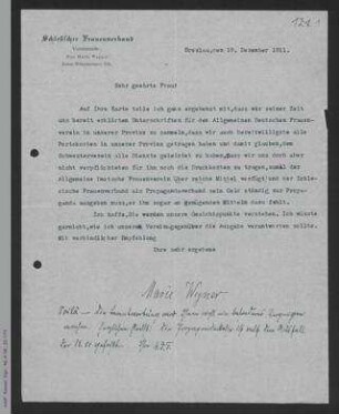 Brief von Marie Wegner an Helene Lange
