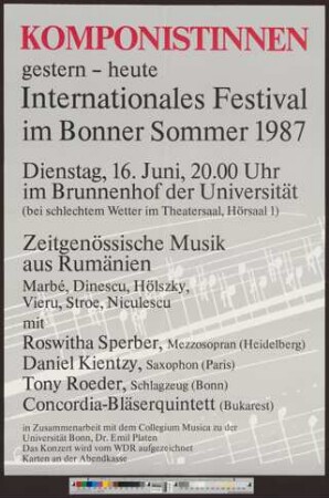 Komponistinnen gestern - heute : Internationales Festival im Bonner Sommer 1987: Zeitgenössische Musik aus Rumänien