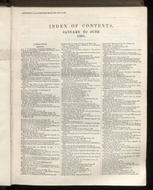 Index od Contents. January to June 1891.