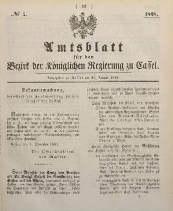 № 2. Ausgegeben zu Cassel am 20. Januar 1868.