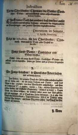 Instruction Für die Thorschreiber, Thorwart, die Bettler, Landfahrer, Störtzer, und unterschidlich andere allherokommende Personen betreffent : [Decretum in Senatu, 17. Aprilis, Anno 1655]